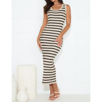 ZESICA Women's Summer Square Neck Bodycon Midi Dresses 2025 Casual Sleeveless Ribbed Knit Striped Beach Vacation Long Dress,Apricot,Large