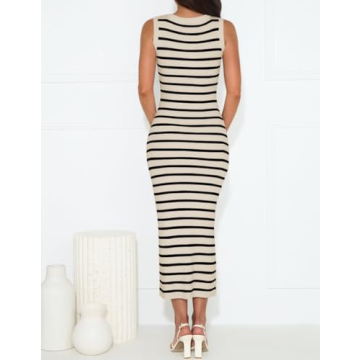 ZESICA Women's Summer Square Neck Bodycon Midi Dresses 2025 Casual Sleeveless Ribbed Knit Striped Beach Vacation Long Dress,Apricot,Large