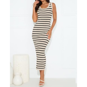 ZESICA Women's Summer Square Neck Bodycon Midi Dresses 2025 Casual Sleeveless Ribbed Knit Striped Beach Vacation Long Dress,Apricot,Large