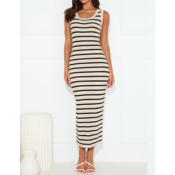 ZESICA Women's Summer Square Neck Bodycon Midi Dresses 2025 Casual Sleeveless Ribbed Knit Striped Beach Vacation Long Dress,Apricot,Large