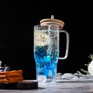 Bandesun 32oz Vintage Glass with Bamboo Lids and Straws