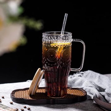 Bandesun 32oz Vintage Glass with Bamboo Lids and Straws