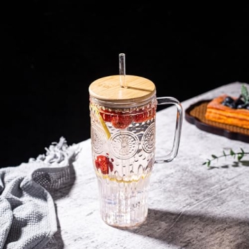 Bandesun 32oz Vintage Glass with Bamboo Lids and Straws