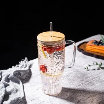 Bandesun 32oz Vintage Glass with Bamboo Lids and Straws