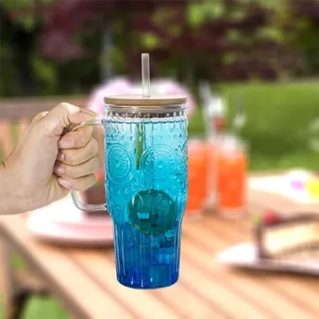 Bandesun 32oz Vintage Glass with Bamboo Lids and Straws