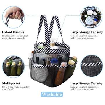 Zecval Mesh Shower Caddy Tote, Portable Shower Bag College Dorm Bathroom Caddy Organizer with 8 Storage Pockets Toiletry Bathroom Organizer, for College Dorm Room Essentials