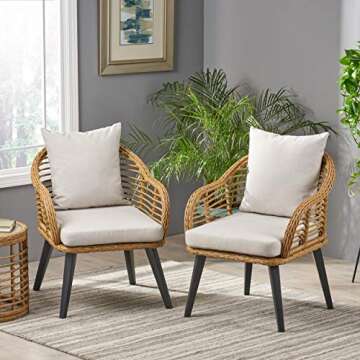 Great Deal Furniture Indoor Wicker Club Chairs with Cushions (Set of 2), Light Brown and Beige