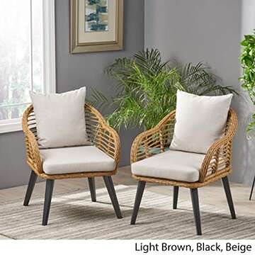 Great Deal Furniture Indoor Wicker Club Chairs with Cushions (Set of 2), Light Brown and Beige