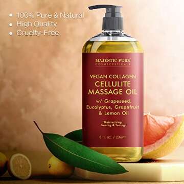 MAJESTIC PURE Anti Cellulite Massage Oil - with Vegan Collagen & Stem Cells, Cellulite Cream for Skin Tightening and Cellulite Remover in Thighs and Butt - 8 fl oz