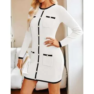 ZESICA Fall Dresses for Women 2025 Long Sleeve Button Color Block Knit Bodycon Short Sweater Dresses with Pockets,White,Small