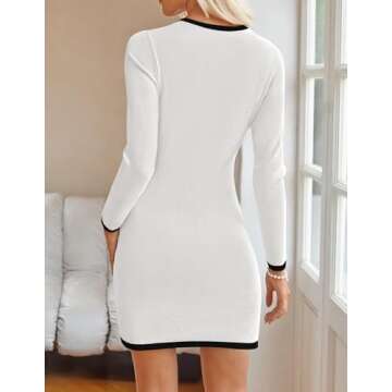 ZESICA Fall Dresses for Women 2025 Long Sleeve Button Color Block Knit Bodycon Short Sweater Dresses with Pockets,White,Small