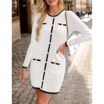 ZESICA Fall Dresses for Women 2025 Long Sleeve Button Color Block Knit Bodycon Short Sweater Dresses with Pockets,White,Small