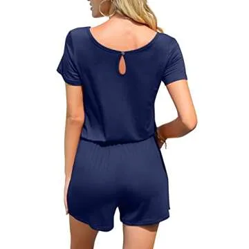DouBCQ Womens Summer Casual Short Sleeve Loose Jumpsuits Romper with Pockets (0-Navy Blue, Large)