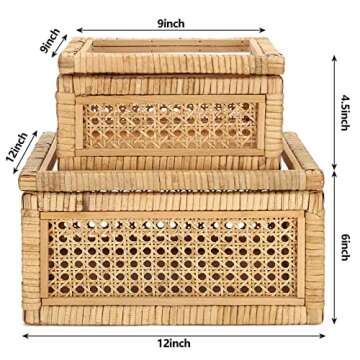 Amyhill Set of 2 Boho Rectangular Rattan Decorative Boxes with Glass Lids Woven Cane and Rattan Display Boxes with Lids Storage Basket Bins for Home Decor (12 x 12 x 6 Inch, 9 x 9 x 4.5 Inch)