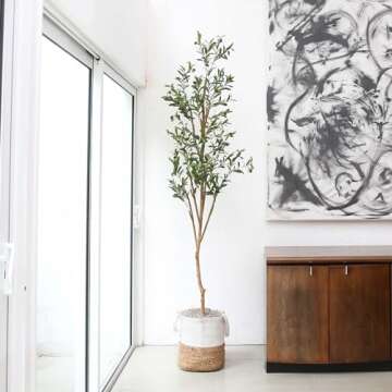 Nearly Natural Olive Tree Artificial Indoor 7FT Tall with Jute Basket Planter Fake Olive Tree for Home & Office Decor, Faux Olive Tree with Natural Wood Trunk, Realistic Olive Tree Branches and Fruit