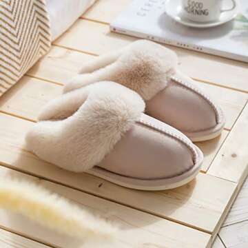 Women's Slippers Soft Plush Winter Warm House Shoes Slip on Memory Foam Fluffy Slippers Beige 40-41