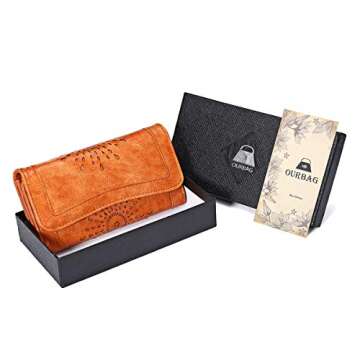 OB OURBAG Women Leather Wallet Clutch Purse Card Holder Ladies Hollow Out Long Wallet Brown