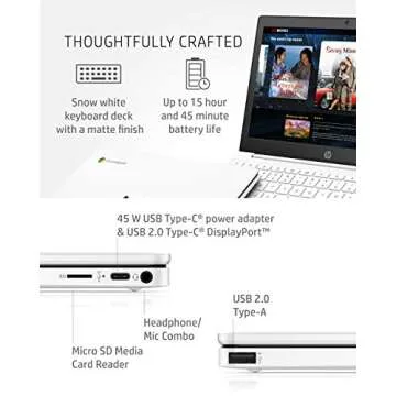 HP Chromebook 11-inch Laptop - Up to 15 Hour Battery Life - MediaTek - MT8183 - 4 GB RAM - 32 GB eMMC Storage - 11.6-inch HD Display - with Chrome OS™ - (11a-na0021nr, 2020 model, Snow White)