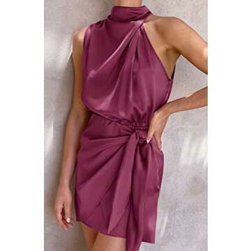 ZESICA Women's 2024 Fashion Satin Sleeveless Halter Neck Tie Waist Wrap Bodycon Cocktail Party Mini Dress,Fuchsia,Medium