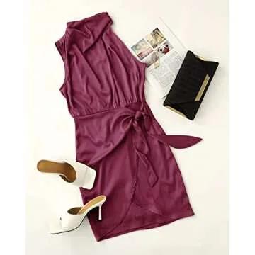 ZESICA Women's 2024 Fashion Satin Sleeveless Halter Neck Tie Waist Wrap Bodycon Cocktail Party Mini Dress,Fuchsia,Medium