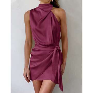 ZESICA Women's 2024 Fashion Satin Sleeveless Halter Neck Tie Waist Wrap Bodycon Cocktail Party Mini Dress,Fuchsia,Medium