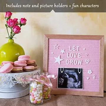 Pink Letter Board With Letters 10x10 Oak Frame, Pink Message Board With Letters Set, Felt Letter Board Pink with 374 Precut Letters and Symbols, Pink Felt Letterboard For School Or Baby Announcement