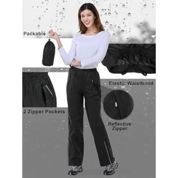 Outdoor Ventures Women's Rain Pants Packable Waterproof Hiking Pants Windproof Breathable Outdoor Rain Over Pants Black