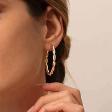 Twisted Gold Hoop Earrings for Women, Thick Chunky Hoops Hypoallergenic Vintage Twist Earings Big
