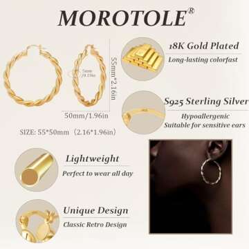 Twisted Gold Hoop Earrings for Women, Thick Chunky Hoops Hypoallergenic Vintage Twist Earings Big