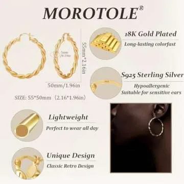 Twisted Gold Hoop Earrings for Women, Thick Chunky Hoops Hypoallergenic Vintage Twist Earings Big