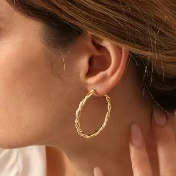 Twisted Gold Hoop Earrings for Women, Thick Chunky Hoops Hypoallergenic Vintage Twist Earings Big