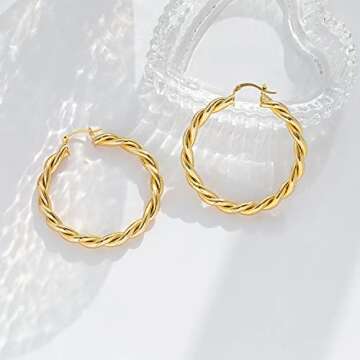 Twisted Gold Hoop Earrings for Women, Thick Chunky Hoops Hypoallergenic Vintage Twist Earings Big