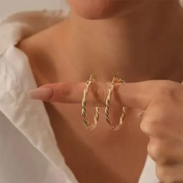 Twisted Gold Hoop Earrings for Women, Thick Chunky Hoops Hypoallergenic Vintage Twist Earings Big