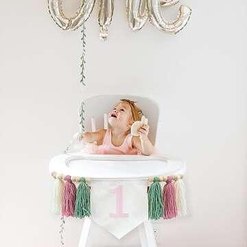 VANGNING Girl 1st Birthday High Chair Banner - Greenery Birthday Decoration, Light Pink Girl's Birthday, Yarn Tassel Garland, Cake Smash Backdrop Banner,Spring Colours Garland (Pink Tassel)