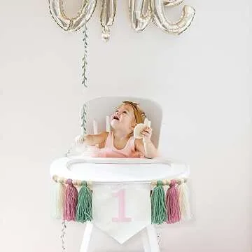 VANGNING Girl 1st Birthday High Chair Banner - Greenery Birthday Decoration, Light Pink Girl's Birthday, Yarn Tassel Garland, Cake Smash Backdrop Banner,Spring Colours Garland (Pink Tassel)