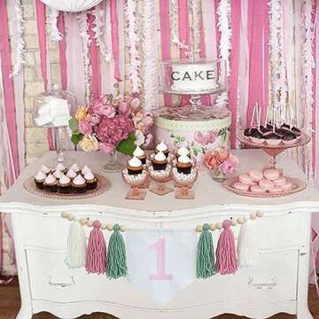 VANGNING Girl 1st Birthday High Chair Banner - Greenery Birthday Decoration, Light Pink Girl's Birthday, Yarn Tassel Garland, Cake Smash Backdrop Banner,Spring Colours Garland (Pink Tassel)