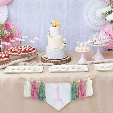 VANGNING Girl 1st Birthday High Chair Banner - Greenery Birthday Decoration, Light Pink Girl's Birthday, Yarn Tassel Garland, Cake Smash Backdrop Banner,Spring Colours Garland (Pink Tassel)