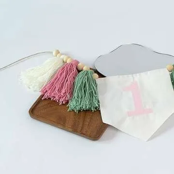 VANGNING Girl 1st Birthday High Chair Banner - Greenery Birthday Decoration, Light Pink Girl's Birthday, Yarn Tassel Garland, Cake Smash Backdrop Banner,Spring Colours Garland (Pink Tassel)