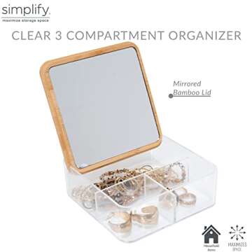 Simplify 3 Compartment Organizer with Bamboo Lid | Mirror | Perfect for Jewelry | Cosmetics | Access...