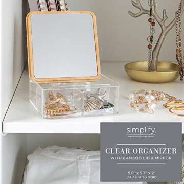 Simplify 3 Compartment Organizer with Bamboo Lid | Mirror | Perfect for Jewelry | Cosmetics | Accessories | Vanity & Countertop | Keepsake Storage Box | Clear