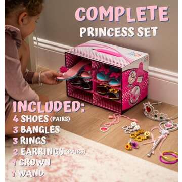 Toyvelt Princess Dress Up Shoes and Jewelry Boutique - Pretend Play for Little Girls Set Incl 4 Pairs Princess Shoes and Lots of Accessories - Toddler Girl Toys (Classic Edition)