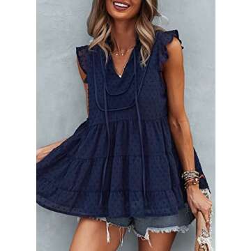 PRETTYGARDEN Women's Casual Chiffon Blouses Summer Cap Sleeve V Neck Swiss Dot Ruffle Babydoll Shirts Flowy Tunic Tops(Navy,X-Large)