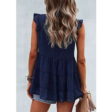 PRETTYGARDEN Women's Casual Chiffon Blouses Summer Cap Sleeve V Neck Swiss Dot Ruffle Babydoll Shirts Flowy Tunic Tops(Navy,X-Large)