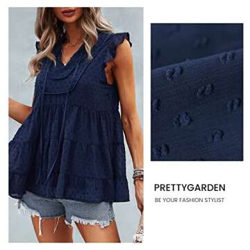 PRETTYGARDEN Women's Casual Chiffon Blouses Summer Cap Sleeve V Neck Swiss Dot Ruffle Babydoll Shirts Flowy Tunic Tops(Navy,X-Large)