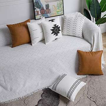 DEZENE Decorative Throw Pillow Covers: Set of 6 Modern Boho Square Cotton and Faux Leather Pillow Cases for Home Decor Living Room Farmhouse Sofa Couch, 18 x 18 Inch, White/Black/Brown