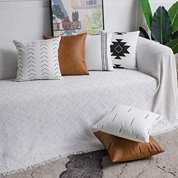 DEZENE Decorative Throw Pillow Covers: Set of 6 Modern Boho Square Cotton and Faux Leather Pillow Cases for Home Decor Living Room Farmhouse Sofa Couch, 18 x 18 Inch, White/Black/Brown