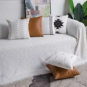 DEZENE Decorative Throw Pillow Covers: Set of 6 Modern Boho Square Cotton and Faux Leather Pillow Cases for Home Decor Living Room Farmhouse Sofa Couch, 18 x 18 Inch, White/Black/Brown