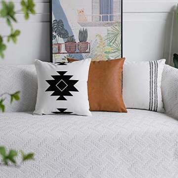 DEZENE Decorative Throw Pillow Covers: Set of 6 Modern Boho Square Cotton and Faux Leather Pillow Cases for Home Decor Living Room Farmhouse Sofa Couch, 18 x 18 Inch, White/Black/Brown