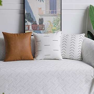 DEZENE Decorative Throw Pillow Covers: Set of 6 Modern Boho Square Cotton and Faux Leather Pillow Cases for Home Decor Living Room Farmhouse Sofa Couch, 18 x 18 Inch, White/Black/Brown