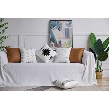 DEZENE Decorative Throw Pillow Covers: Set of 6 Modern Boho Square Cotton and Faux Leather Pillow Cases for Home Decor Living Room Farmhouse Sofa Couch, 18 x 18 Inch, White/Black/Brown